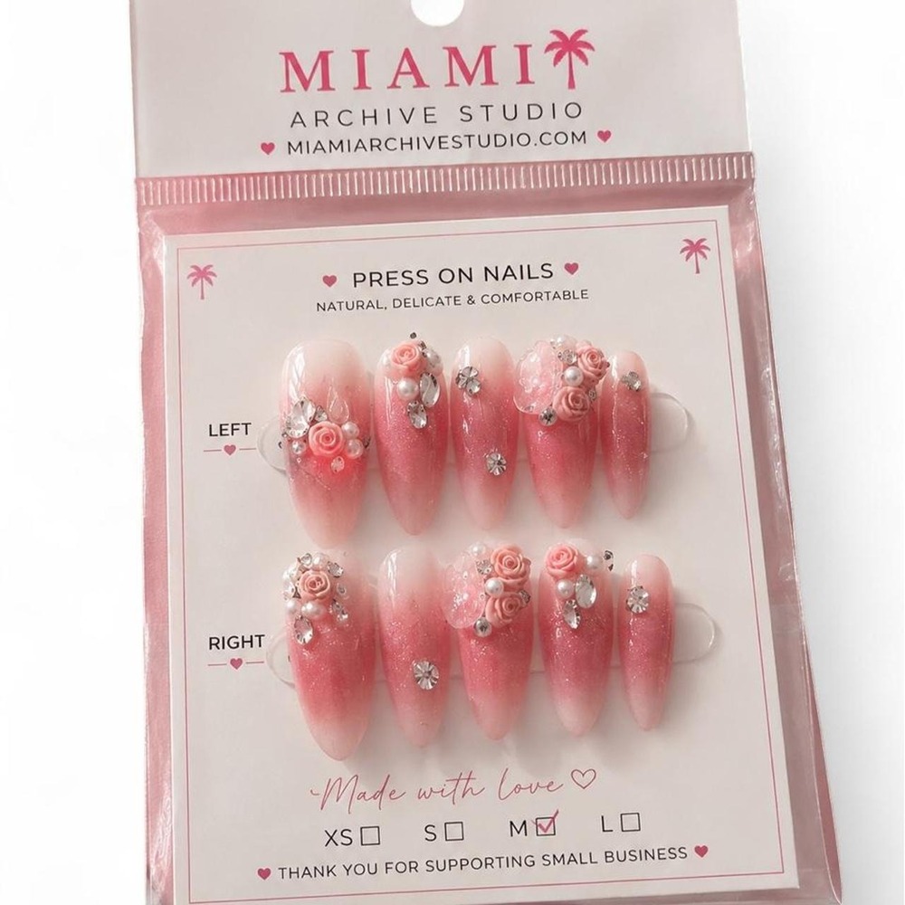 Pink Ombre 3D Rose Press-On Nails | Handmade Glam Rhinestone Nail Set